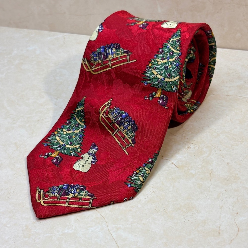 Men's Red Christmas Tie Snowman Tree Sleigh Present Silk Lands' End Holidays